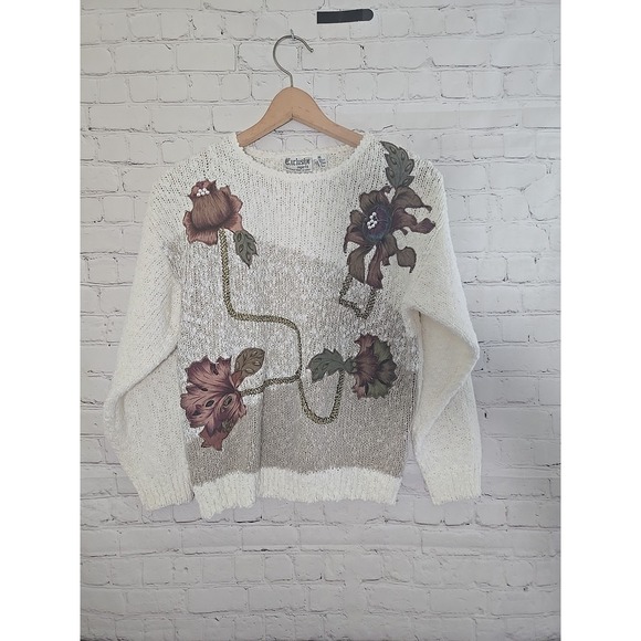 Exclusive Imports Sweaters - Vintage 80s Exclusive Imports Sz M  Beaded Applique Sweater Cottagecore Grandma